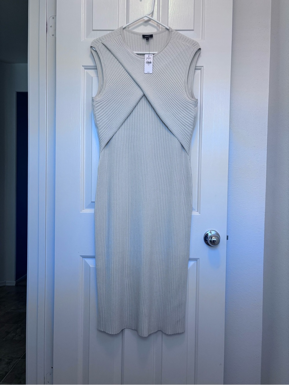Express Sleeveless Ribbed Crossover Midi Dress in Light Beige